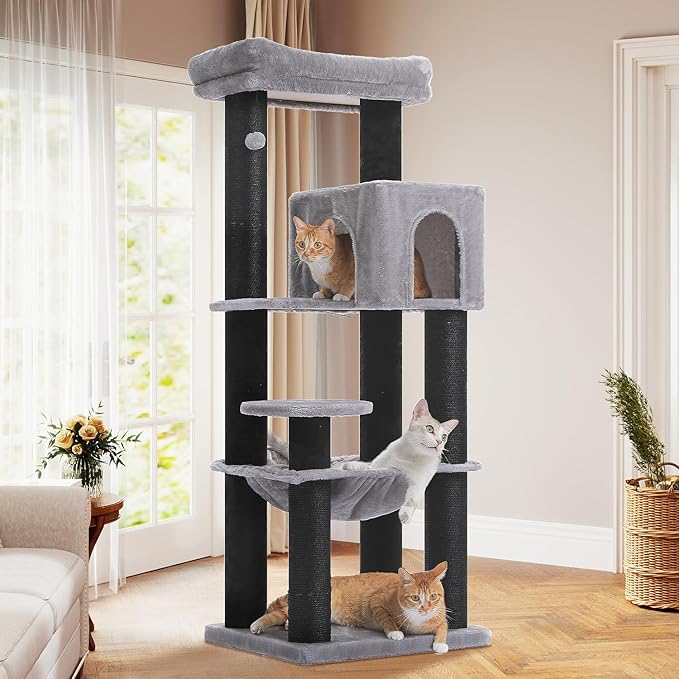 PETEPELA 58" Large Cat Tree for Big Adult Cats up to 30 lbs, Heavy Duty Cat Tower w/Extra-Thick Scratching Posts [φ3.9”], XL Hammock & Spacious Condo, Study Cat Furniture for Maine Coons, Black