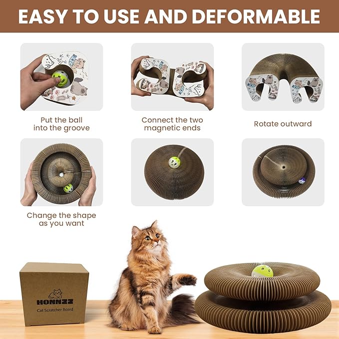 U-Shaped Accordion Cat Scratcher with Interactive Ball - Cute Cartoon Design, Scratch-Resistant, Pet-Safe for Feline Entertainment & Claw Care