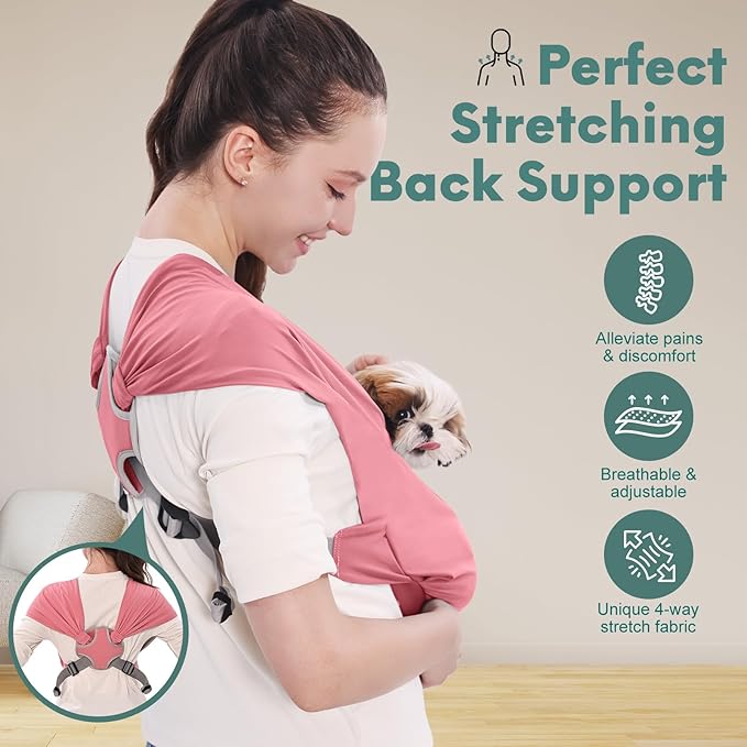 Supet Dog Sling Carrier for Small Pets, Hands Free Cat Sling, Reducing Back Neck Pain Anti-Anxiety Puppy Front, Adjustable Soft Dog Carrying (Pink, Regular 0-9 Lbs)