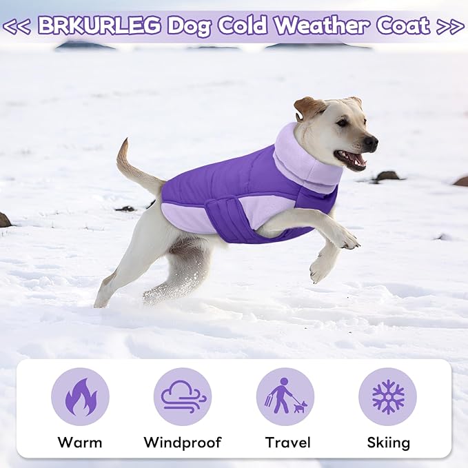 BRKURLEG Dog Coat, Turtleneck Winter Jacket with Harness for Small Medium and Large Dogs, Windproof Reflective Warm Fleece Dogs Snowsuit with Hook & Loop, Dog Coats for Cold Weather, Purple L
