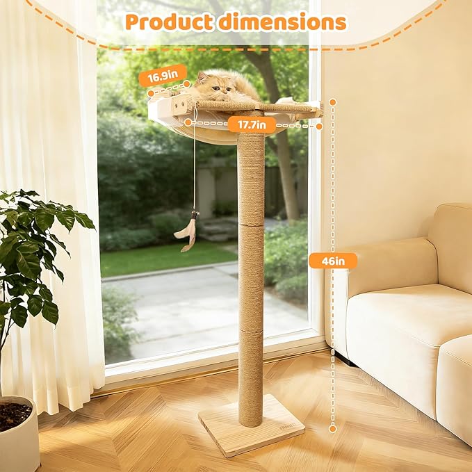 Cat Window Perch with Scratching Post, 46" Adjustable Tall Scratching Posts & Suction Cup – White Fluffy Cusion, Multi-Level Perch for Climbing, Bird Watching, Play, Supports 45 lbs (Drilling-Free)