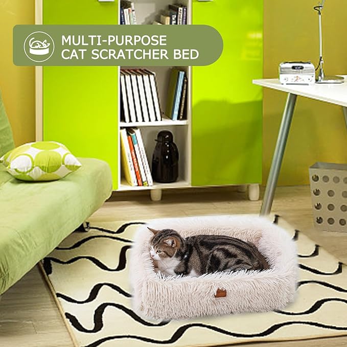 Fluffy Cat Scratcher Lounge Box with Removable Cardboard,Cat Rectangular Bed with Corrugated Board, Pet Scratching Pad for Furniture Protection, Training Toy (Beige)