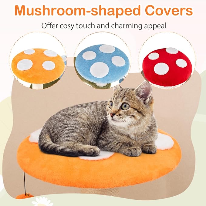 PETSITE Mushroom Cat Tree, Multi-Level Cute Cat Tree Tower with Sisal Scratching Posts, Cat Condo, Soft Plush Perches, and Dangling Toys for Indoor Cats (35 Inch)