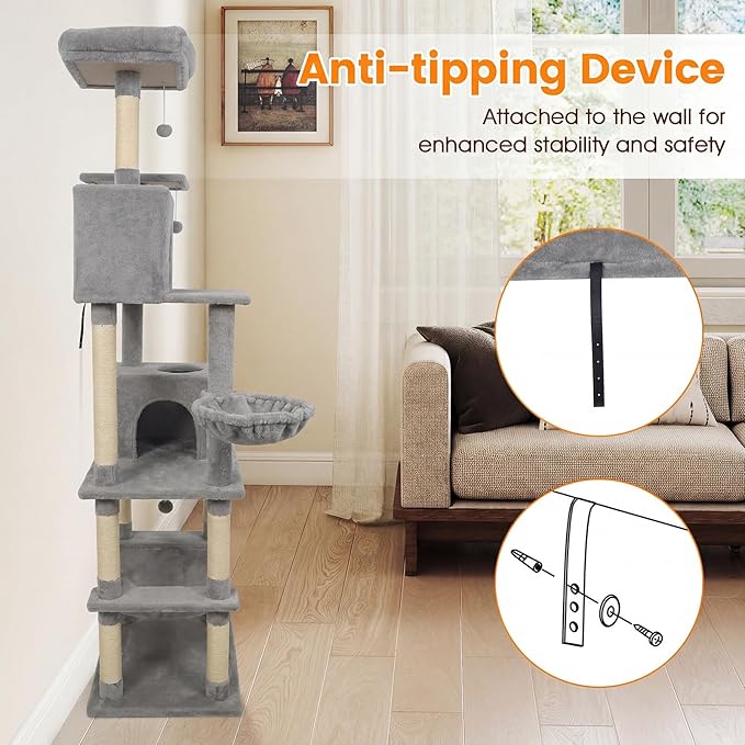 PETSITE 80-inch Tall Modern Cat Tree, Multi-Level Cat Tower with 2 Comfy Condos, Sisal Scratching Posts, Side Basket, Snug Hammock, and Dangling Balls, Ideal for Indoor Cats and Kittens (Grey)