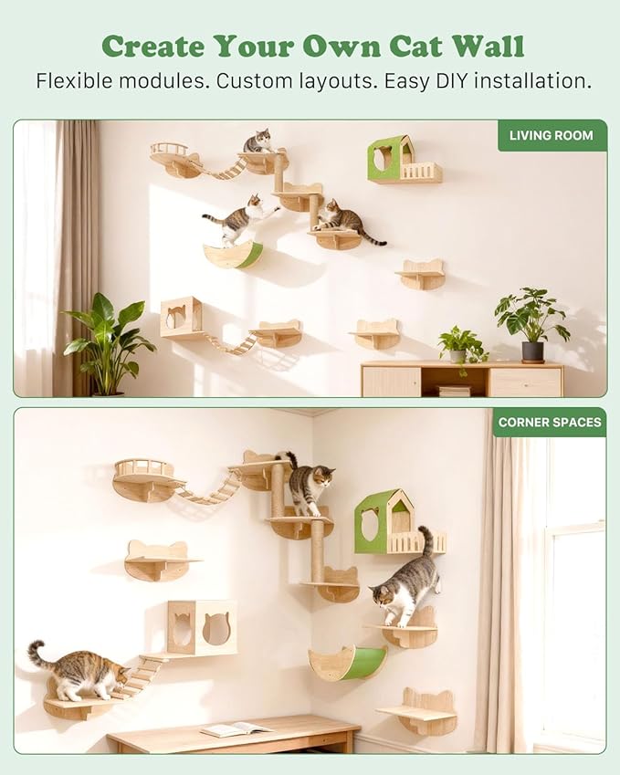 Cat Wall Shelves, 16 in 1 Cat Wall Furniture with Green Wall House, Bridge, Steps, Climbing Post & Scratching Pad Modular Wall Mounted Cat Playground for Large Spaces & Multi-Cat Homes