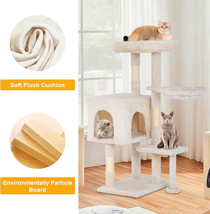 BLKMTY 36" Cat Tree Tall Cat Tower for Indoor Cats Condo Climber with Scratching Post, Climbing Stand, Plush Top Perch and Mouse Toy Cats Playhouse Kitty Activity Trees with Hammock, Beige