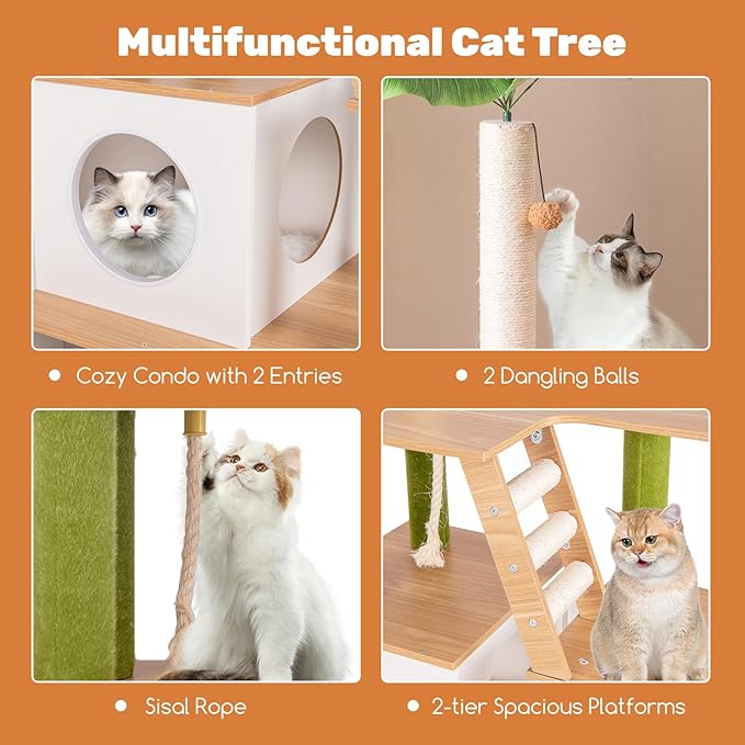 PETSITE Cat Tree with Litter Box Enclosure, Multi-Level Modern Cat Tree Tower with Sisal Scratching Posts, Cat Condo, Ladder, Dangling Balls, Interactive Sisal Rope, and Hidden Litter Box