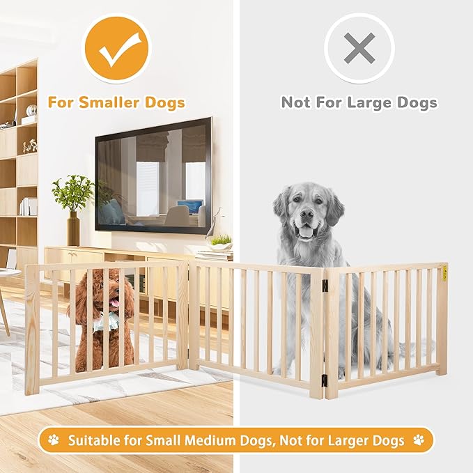 COZIWOW Freestanding Wooden Dog Gate - Indoor Pet Gate with Walk-Through Door, Adjustable and Portable Dog Barrier for Small to Medium Dogs, No Drilling Required, Stylish Wooden Finish,Natural