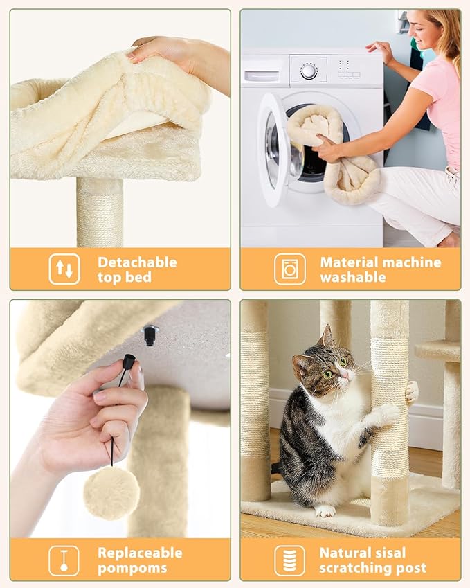 59" Cat Tree, Cat Tower for Large Cats, Multi-Level Cat Tower with 3 Removable Pompom Sticks, Cat Tree for Indoor Cats, Cat Condo with Large Hammock, Scratching Post, and 2 Perches, Beige