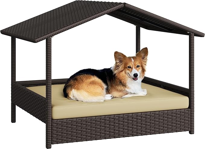 Yaheetech Wicker Dog House Outdoor Indoor with Canopy, Elevated Dog Shelter Dog Bed with Cushion for Small/Medium Dogs, Shade for Deck, Patio, Yard, Pool Brown House, Khaki Cushion