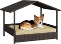 Yaheetech Wicker Dog House Outdoor Indoor with Canopy, Elevated Dog Shelter Dog Bed with Cushion for Small/Medium Dogs, Shade for Deck, Patio, Yard, Pool Brown House, Khaki Cushion