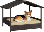 Yaheetech Wicker Dog House Outdoor Indoor with Canopy, Elevated Dog Shelter Dog Bed with Cushion for Small/Medium Dogs, Shade for Deck, Patio, Yard, Pool Brown House, Khaki Cushion