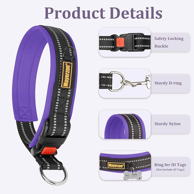 Mayerzon 1.5" Wide Martingale Collar for Large Medium Small Dogs Pitbull German Shepherd, No Pull Reflective Slip Martingale Dog Collar with Buckle Soft Padded for Walking Training(Purple,XL)
