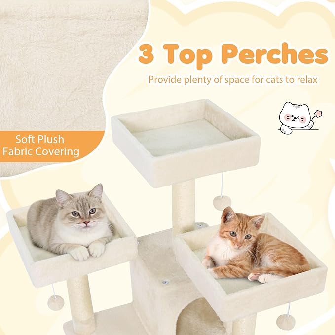 Tangkula 65 Inch Tall Cat Tree, Multi-Level Cat Tower with Sisal Scratching Posts & Board, 2 Condos, 3 Plush Top Perches, Adjustable Basket, 3 Hanging Balls for Indoor Cats (Beige)