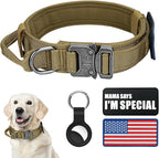 Military Dog Collar, Adjustable Nylon, Heavy Duty Metal Buckle with Handle, Includes Airtags Case Cover and Patches, Brown, XL, Suitable for Large Dogs