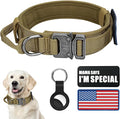 Tactical Dog Collar, Adjustable Nylon, Heavy Duty Metal Buckle with Handle, Airtag Protective Case, Brown, L, Medium & Large Breeds