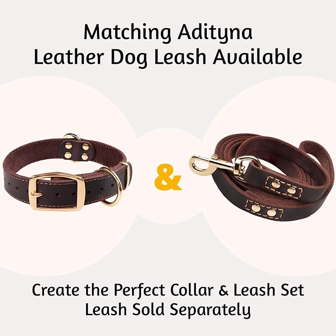 ADITYNA Heavy Duty Leather Dog Collar for Medium Dogs - Soft and Strong Collar for Walking, and Training (Medium: Fit 13" - 20" Neck, Brown - Gold Colored Buckle)