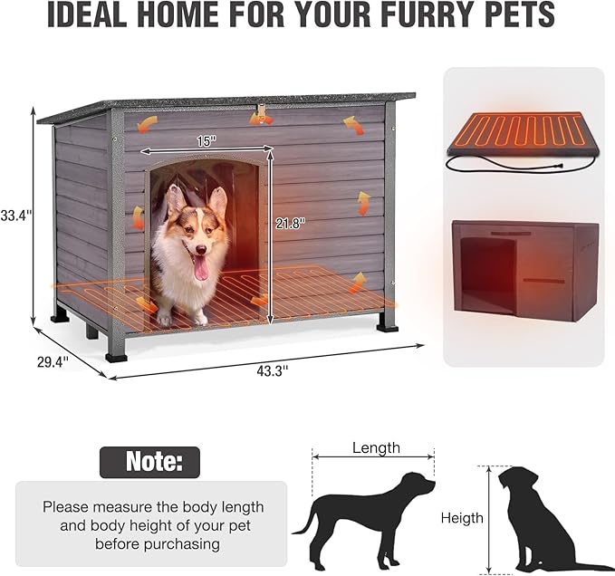 43.3'' Large Heated Outdoor Dog House Weatherproof with Anti-bite Metal Frame, Insulated Dog Kennel with Heating Pad for Outside, Dog Shelter for Small to Large Dogs (Grey)