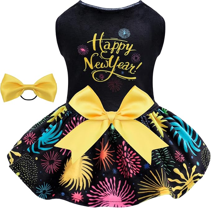 CuteBone Happy New Year Dog Dresses Velvet Holiday Small Dogs Clothes Onesie Pet Apparel Girl Puppy Skirt with Bow Hair Rope CVA56L-D
