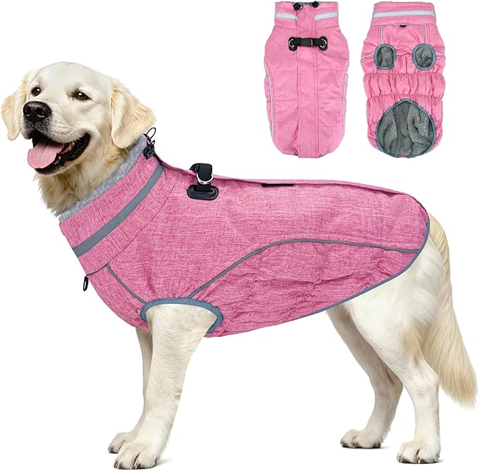 Malier Dog Coat, Reflective Dog Jacket Waterproof Windproof Puppy Cold Weather Coats with Harness Built in, Winter Extra Warm Pet Coat Fleece Vest for Small Large Pets and Puppy(Pink, Medium)