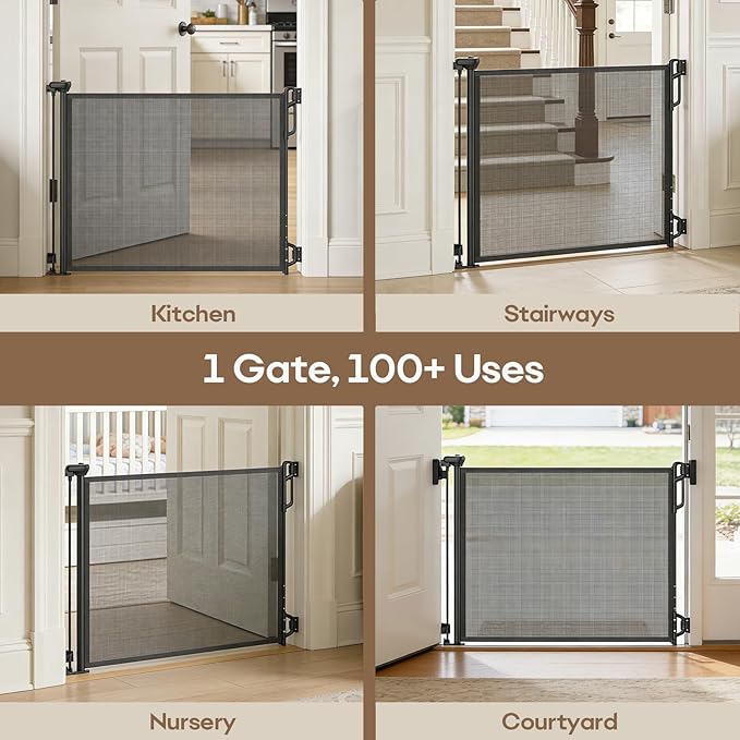 Retractable Safety Baby Gate or Mesh Dog Gate,Durable Portable Mesh Retractable Gate,Easy to Use for Stairs, Doorways, Hallways, Indoor, Outdoor, 33.5" Tall, Up to 45" Wide, Black