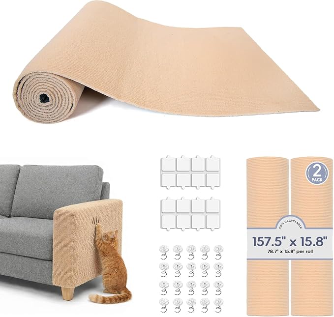 157.5" x 15.8" Cat Scratch Furniture Protector, Self-Adhesive Couch Protector from Cat Claws, Cats Scratching Mat for Couch, Sofa, Wall & Door, DIY Cat Scratch Pads Replacement, 2 Pack (Khaki)