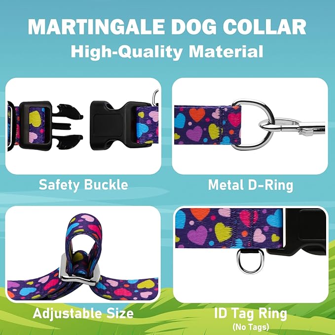 Valentines Martingale Collar for Dogs with Buckle No Pull Adjustable Nylon Limited Slip Training Dog Collars (Purple Love, Small)