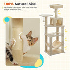 PEQULTI 56.3'' Cat Tree for Indoor Cats, Multi-Level Cat Tower with 2 Top Perch, Cat Condo, Hammock and Sisal-Covered Scratching Post, Beige