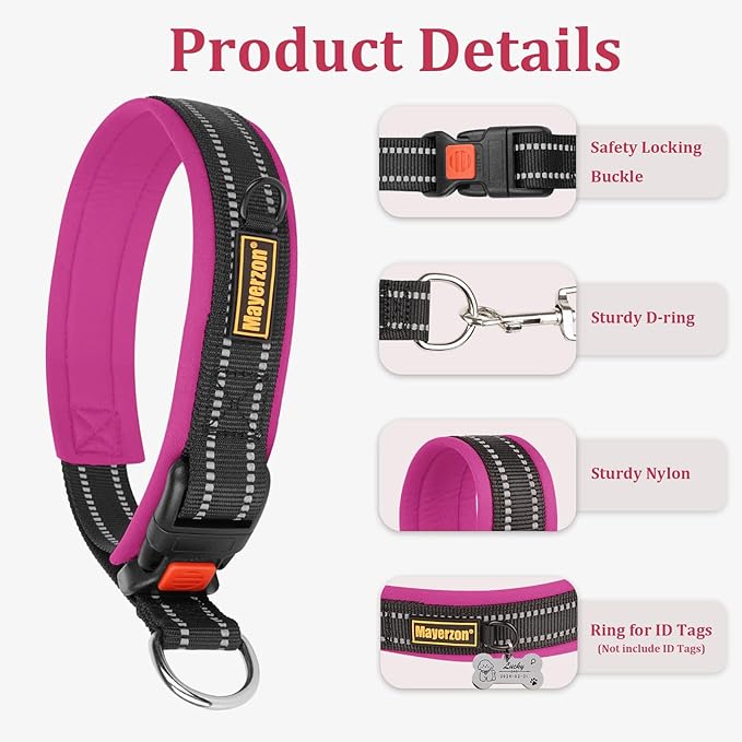 Mayerzon 1.5" Wide Martingale Collar for Large Medium Small Dogs Pitbull German Shepherd, No Pull Reflective Slip Martingale Dog Collar with Buckle Soft Padded for Walking Training(Pink,XXL)