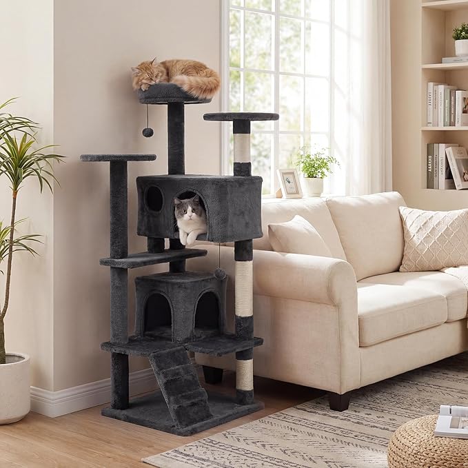 Tangkula Cat Tree Tower, 52 Inch Multi-Level Cat Tower with Sisal Scratching Posts, Cushioned Top Perch, Large Dual Condos & Ladder, 2 Hanging Balls, Jumping Platforms for Indoor Cats (Dark Gray)