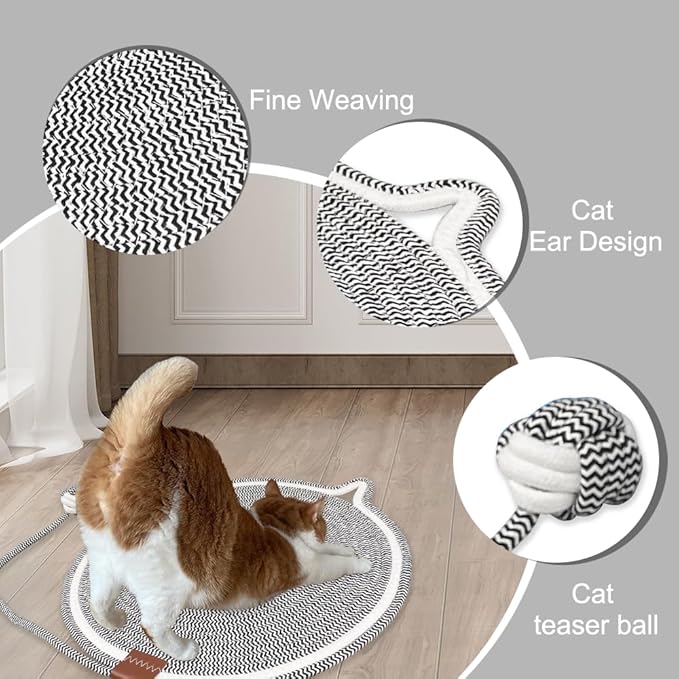 Personalized Cat Scratcher Mat, Customized with Name Text Natural Cotton Rope Round Horizontal Cat Scratching Pads with Ball Toy, Cat Furniture Protector for Wall, Couch, Carpets, Sofa (Black)