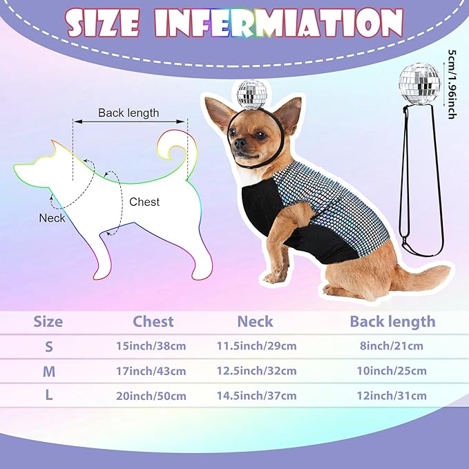 Disco Sequins Dog Costume Set Dog Holographic Shiny Shirt with Disco Ball Headband 80s 70s Party Pet Outfits Glitter Halloween Christmas Cosplay Clothes for Puppy Cat(S)