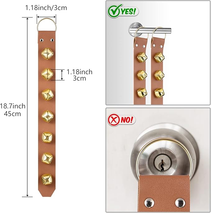 Frienda Hanging Jingle Sleigh Bells 7-Bell Dog Doorbells for Door Knob Faux Leather Belts Go Outside Dog Bells Christmas Decor and Holiday Decorations, 18.7 x 1.8 x 1 Inches(Light Brown with Gold)