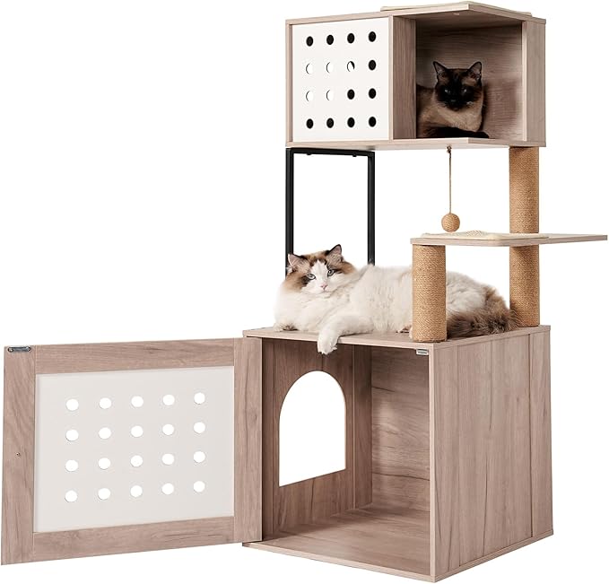 Cat Tree with Litter Box Enclosure, Multi-Level Cat Tower for Indoor Cats with Large Hammock, Bed, Scratching Posts, Feeding Station, Perch & Cat Condos, Modern Gray & White Pet Furniture