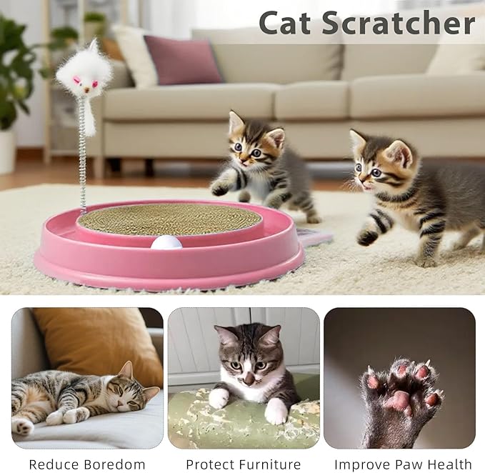3in1 Cat Scratcher,Interactive Round Plastic Scratching Pad with Ball Track & Mouse, Engaging Puzzle for Indoor Adult Cats and Kittens-Pink