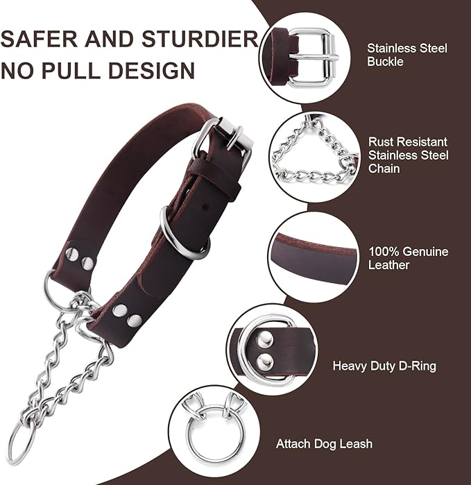 Leather Martingale Dog Collar, Genuine & Stainless Steel Chain Martingale Collar No-Pull Adjustable Anti-Slip Training & Walking Collar for Small Medium Large Breed Dogs Pets. (Medium: Neck 12"-19")