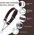 Leather Martingale Dog Collar, Genuine & Stainless Steel Chain Martingale Collar No-Pull Adjustable Anti-Slip Training & Walking Collar for Small Medium Large Breed Dogs Pets. (Small: Neck 10"-16")