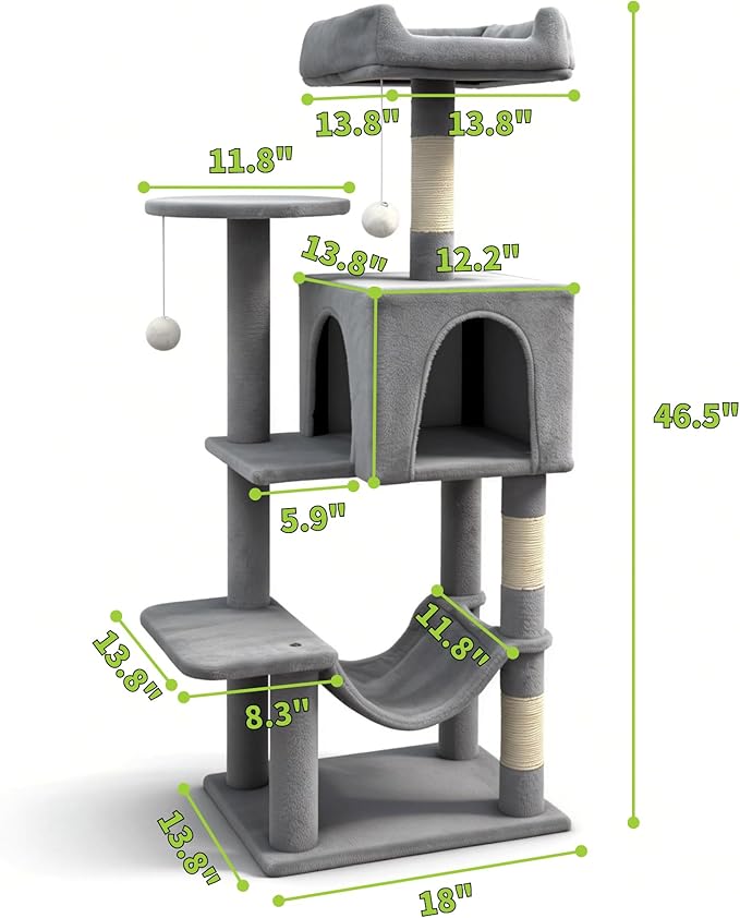 Pawly 46.5" Compact Space Saving Cat Tree for Small Apartment, Premium CARB P2-Compliant Particle Board, 350G Plush Sisal Cat Tower with Condo & Hammock for Indoor Kittens & 1-2 Cats