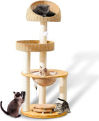 Cat Tree for Indoor Cats, 59'' Multi-Level Solid Wood Tower for Large Adult Cats, Heavy Duty Design with Sisal Scratching Posts, Teaser Wand, Hanging Plush Ball, Interactive Ball Track Base