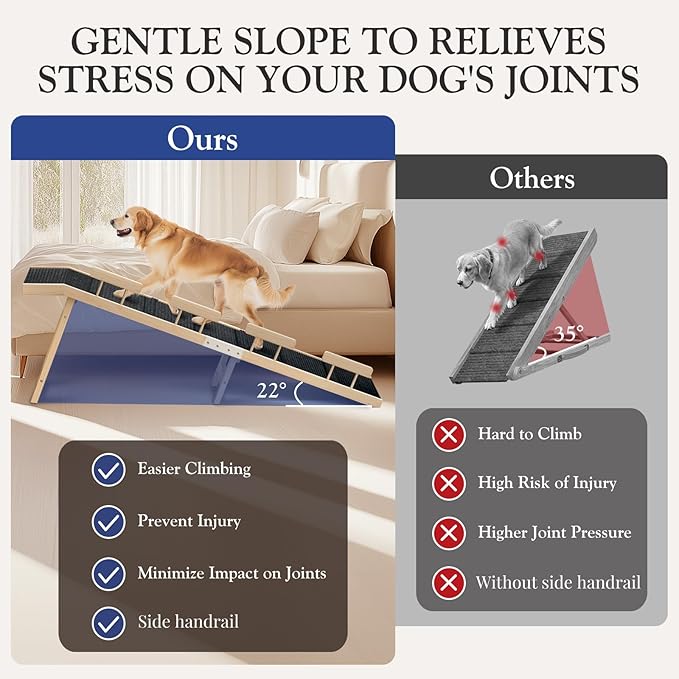 Easyego Foldable Dog Ramp for Bed, 74" Wood Pet Ramp with Side Rails and High Traction Carpet, 22° Gentle Long Slope, Top Landing Platform, Supports up to 200 LBS for Senior Dogs - Natural