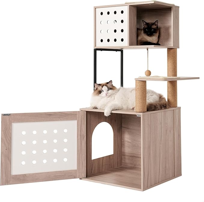Modern Cat Tree with Litter Box Enclosure, Multi-Level Cat Tower for Indoor Cats with Hammock, Bed, Feeding Station & Scratching Posts, Space-Saving Pet Furniture, Gray