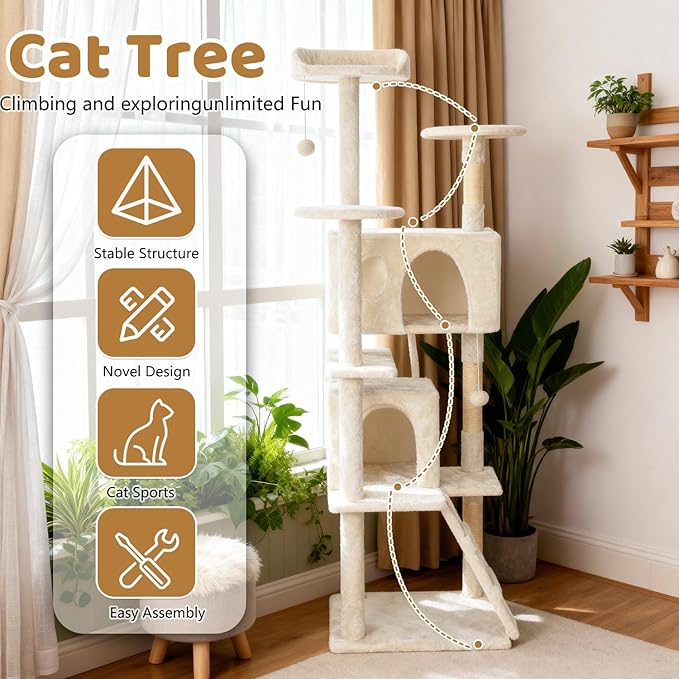 BestOffice 62 Inch Cat Tree, Multi-Level Cat Tower with Condo, Perches, Sisal Scratching Posts, Climbing Ladder,Indoor Activity Center Play House for Kittens & Adult Cats, Beige