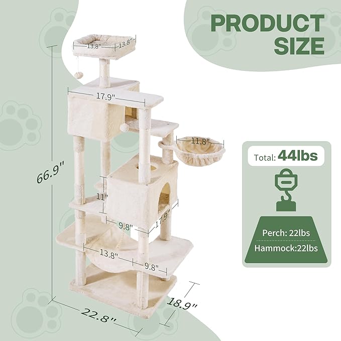 Cat Tree for Indoor Cats, 66 Inches Cat Tower with Scratching Post, Multi-Level Climbing Tree Cat House Padded Plush Perch, Cat Condo Activity Center with Pompoms, Kittens Pet Play House, Light Gray