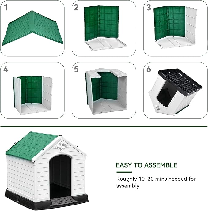 YITAHOME Plastic Dog House, Waterproof Indoor Outdoor Doghouse for Large or Small Dog, with Air Vents and Elevated Floor, Easy Assemble and Clean