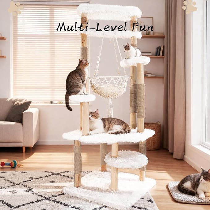 Modern Multi-Level Cat Tree Tower for Indoor Cats, 70" Tall Natural Solid Wooden Cat Tower with Sisal Scratching Post, Luxury Cat Furniture with Swing Hammock for Cat Households White