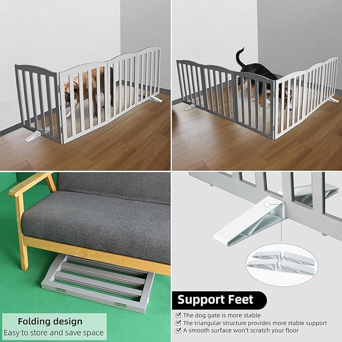 ZJSF Foldable Freestanding Indoor Dog Gate for House Wood Long Pet Gates Dog Fence for Stairs Puppy Gates for Hallways, Puppy Gate,Support Feet Included, Grey, 32 "Height-2 Panels
