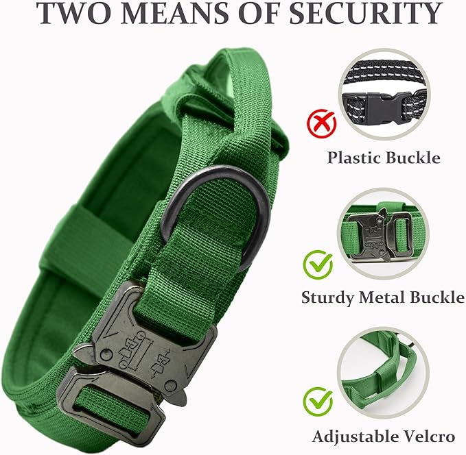 Tactical Dog Collar, Adjustable Military Training Nylon Dog Collar with Control Handle and Heavy Quick-Release Metal Buckle for Small Medium Large Dogs, Emerald Green L