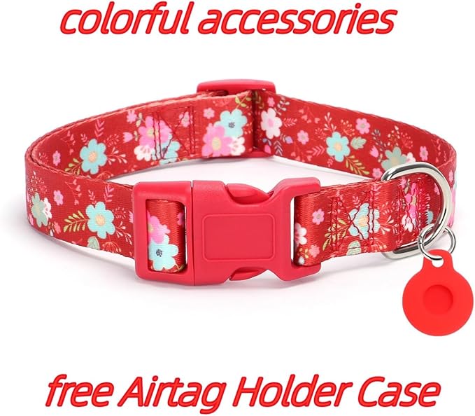 Dog Collar with Leash Airtag Holder Case Set - Dog Collars for Male Female Boy Girl Puppy X-Small Small Medium Large Dogs Walking Running Training - Red Daisy/M