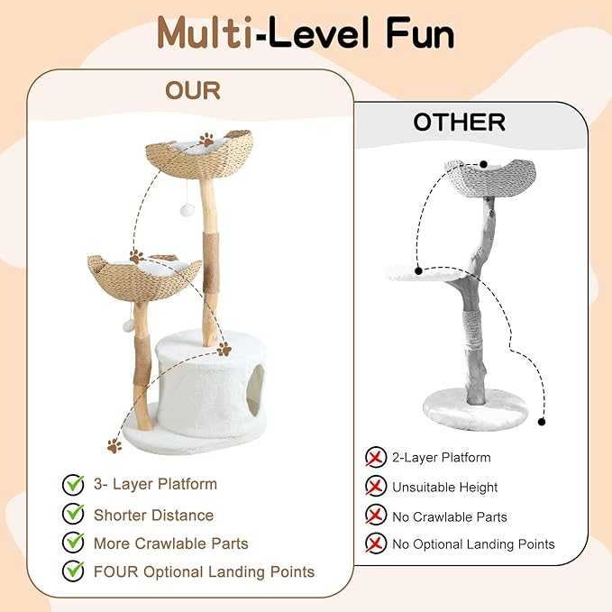 46" Modern Cat Tree for Indoor Large Cats,Tall Wooden Cat Tower with 2 Baskets Scratching Post,Indoor Large Cats Luxury Condo Climbing Tower with Hiding Enclosure M