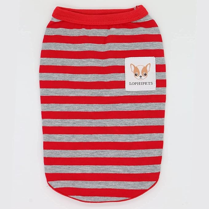 LOPHIPETS 100% Cotton Striped Dog Shirts for Small Dogs Chihuahua Puppy Clothes Tank Vest-Red and Gray Strips/XL